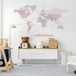 naklejka na ścianę mapa świata różowa