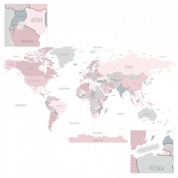naklejka na ścianę mapa świata różowa
